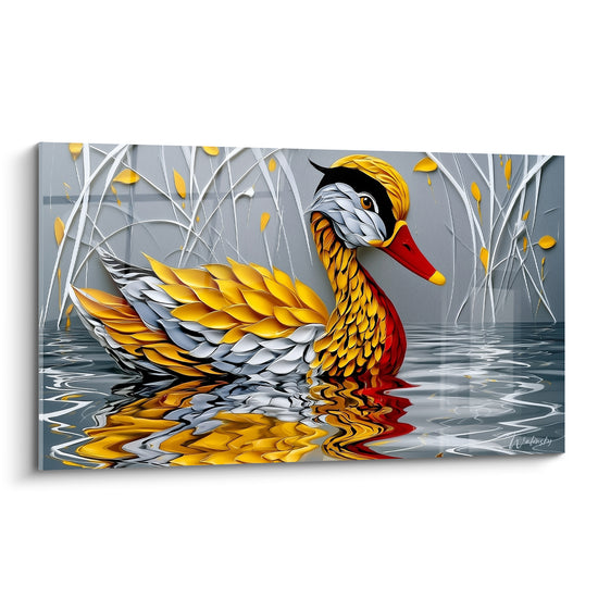 Canard doré au bec rouge nage sur une eau grise entourée de roseaux blancs stylisés