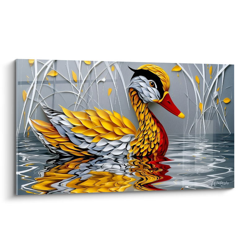 Tableau Canard huppé jaune et gris roseaux argentés - Bec rouge vif - Edition Canard