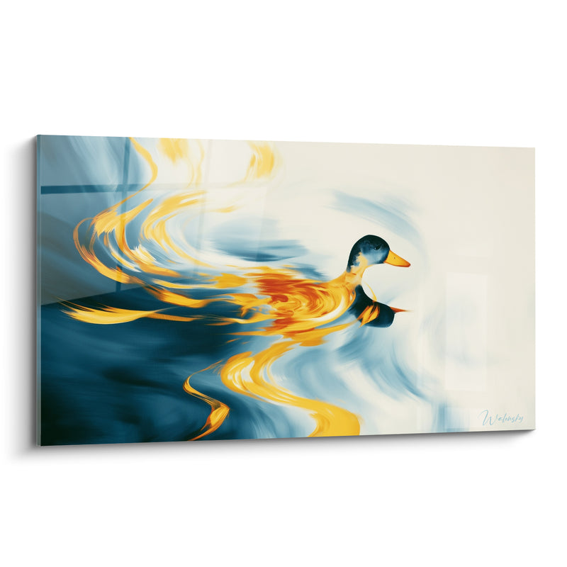 Tableau Canard tête bleu marine sillage doré enflammé - Traînée en volutes - Edition Canard