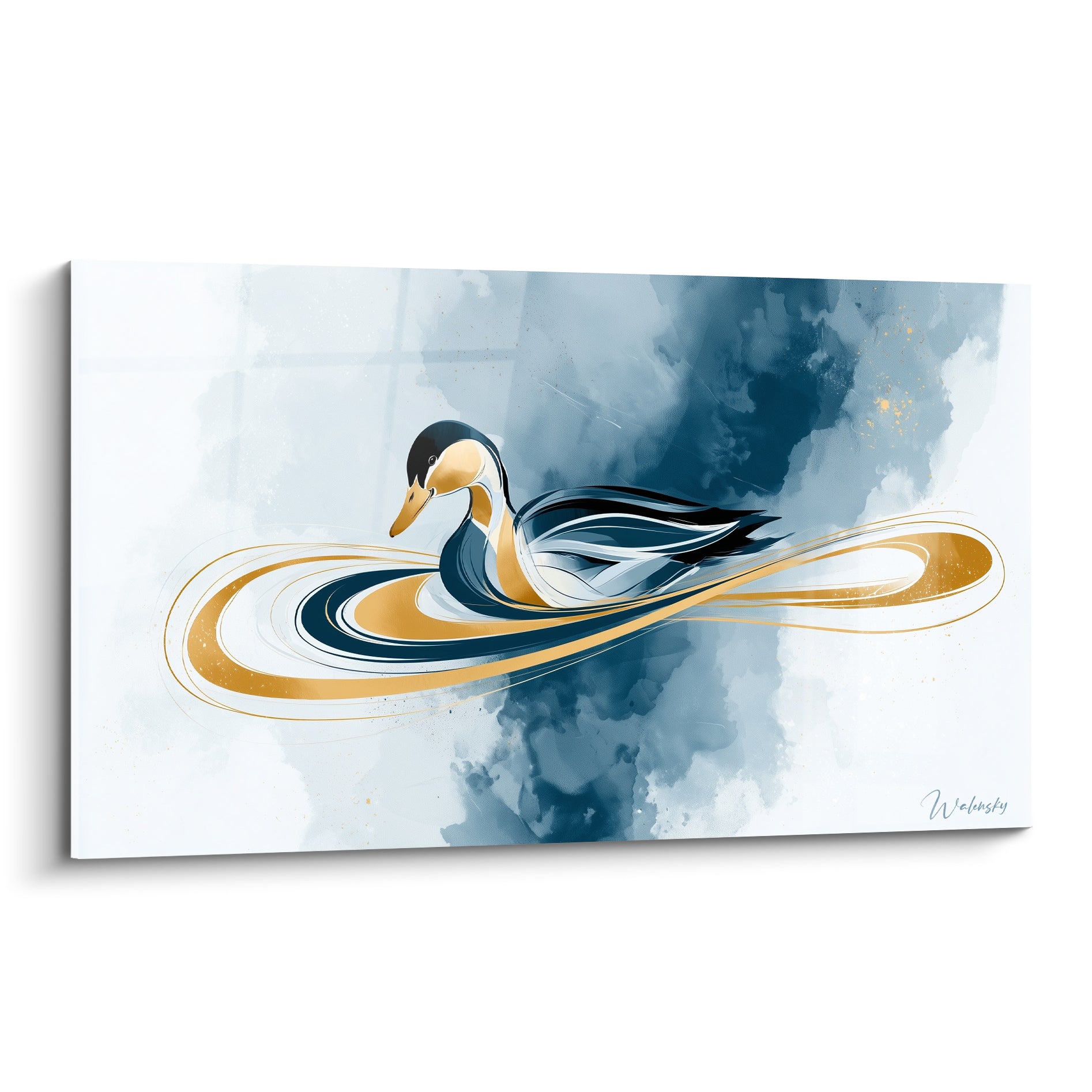 Canard doré et bleu marine flottant, plumage stylisé et sillage circulaire sur fond nuageux