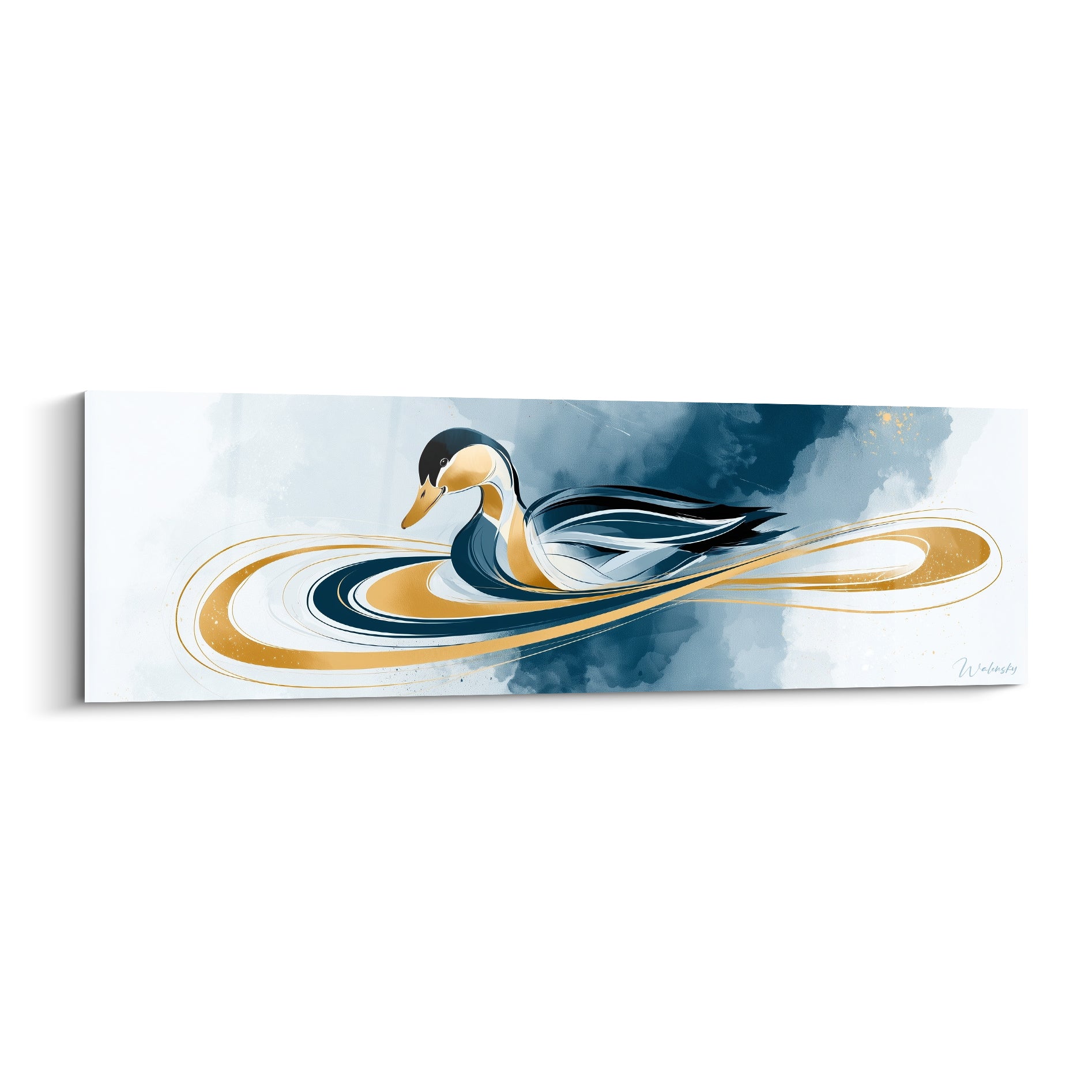 Canard doré et bleu marine glissant sur des volutes graphiques abstraites