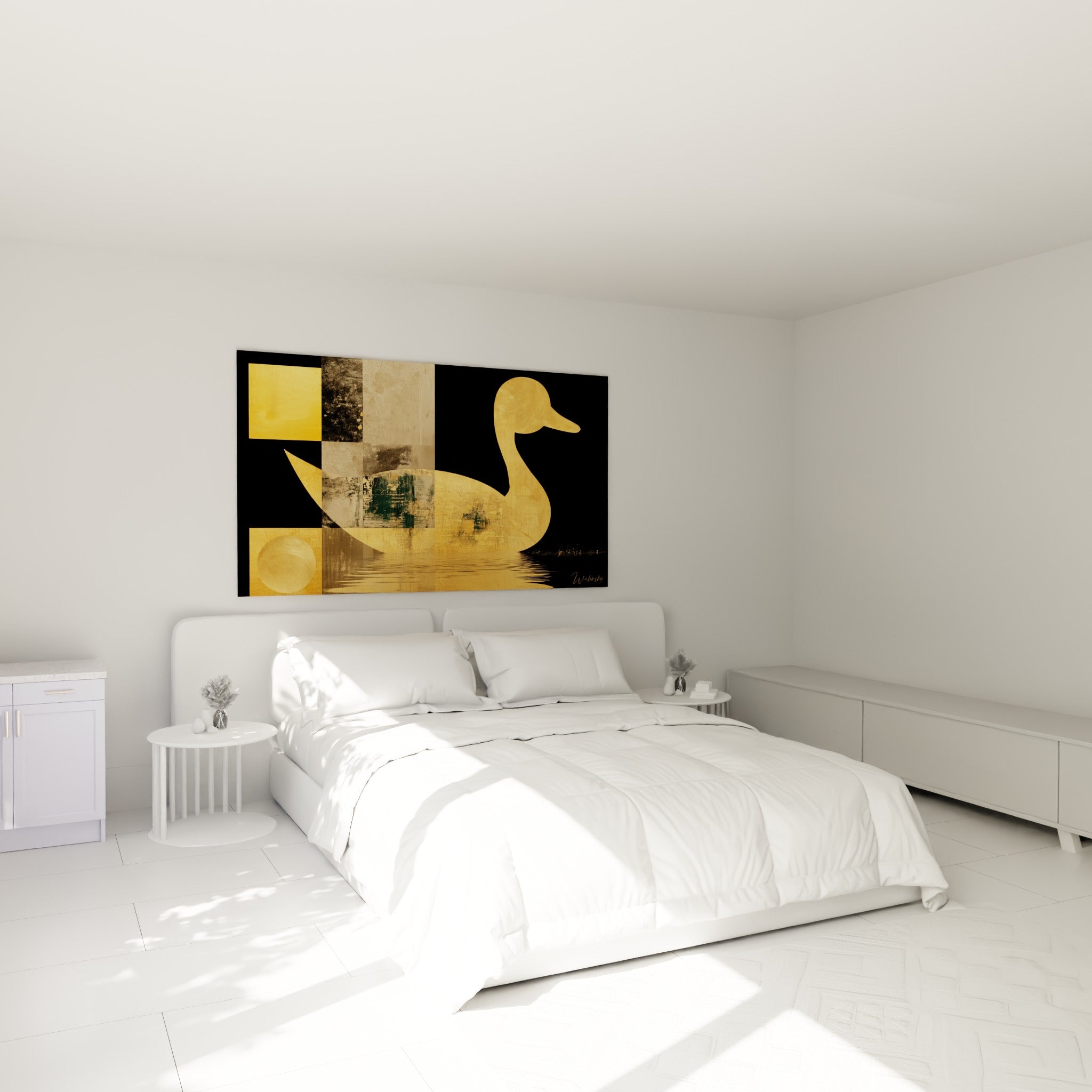 Silhouette dorée du canard sur fond noir, accrochée au-dessus d'un lit dans une chambre claire