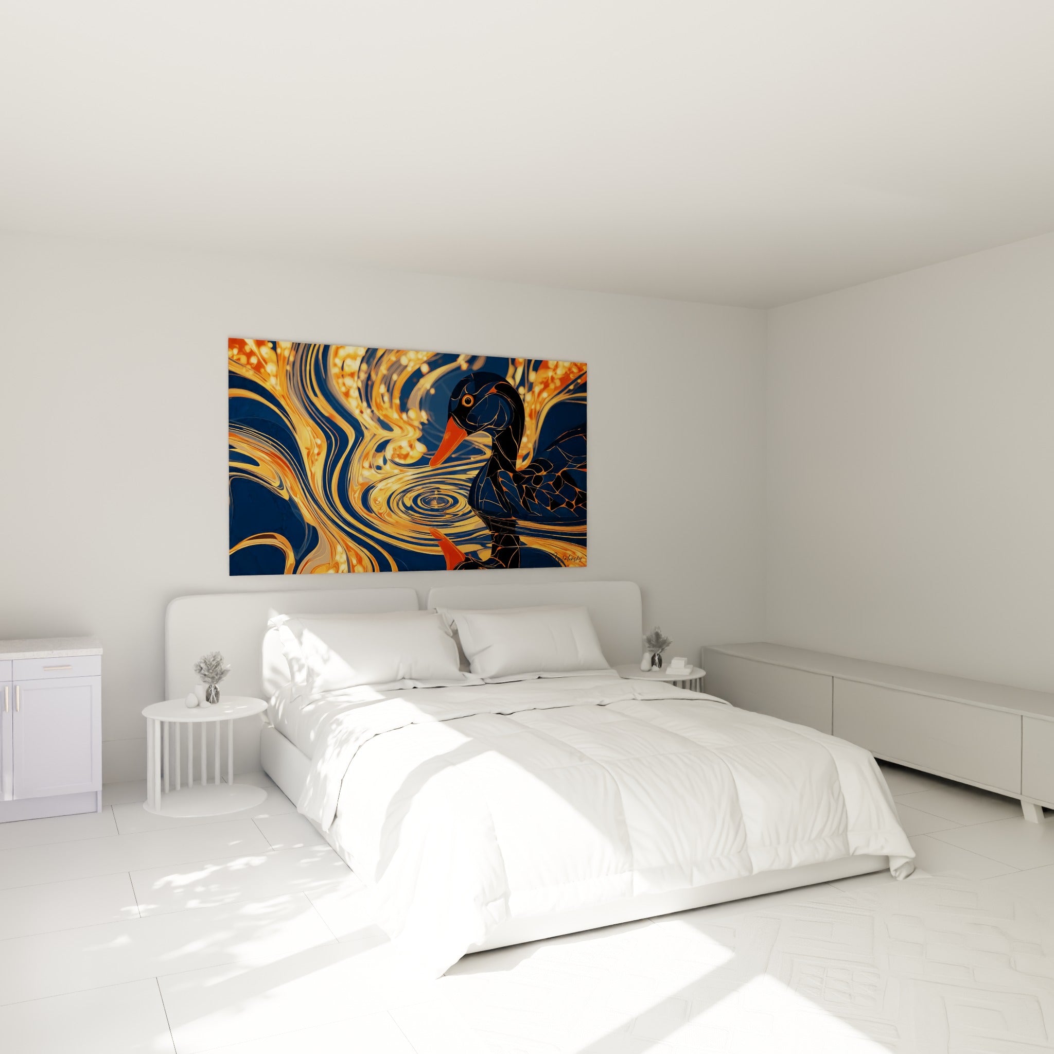 Volatile stylisé bleu nuit et doré, motif géométrique, accroché au-dessus d'un lit dans une chambre claire