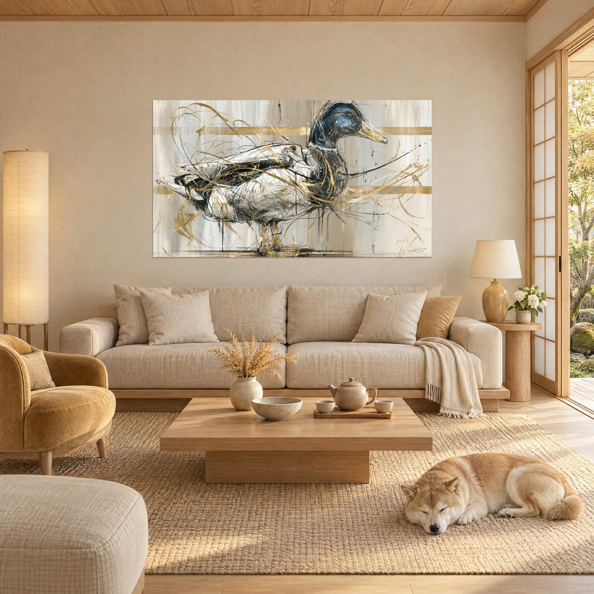 Tableau colvert à tête bleu nuit et bec doré, coups de pinceau noirs sur fond crème, Shiba endormi, au-dessus d'un canapé dans un salon lumineux
