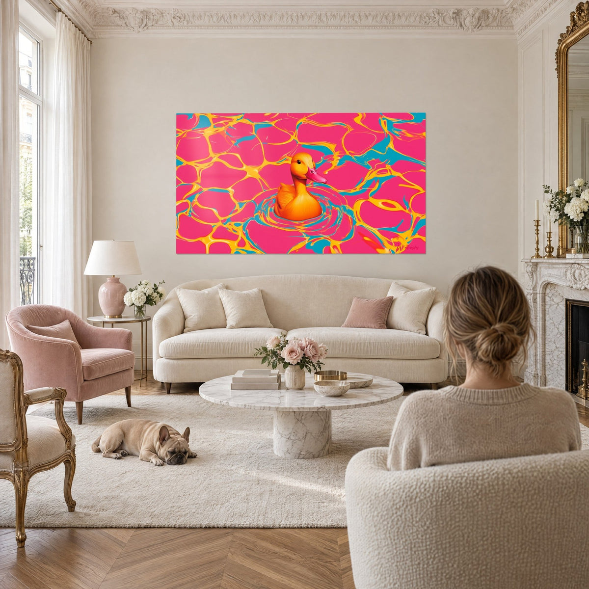 Tableau canard orange flottant sur eau rose fuchsia, craquelures jaune safran, au-dessus d'un canapé dans un salon lumineux