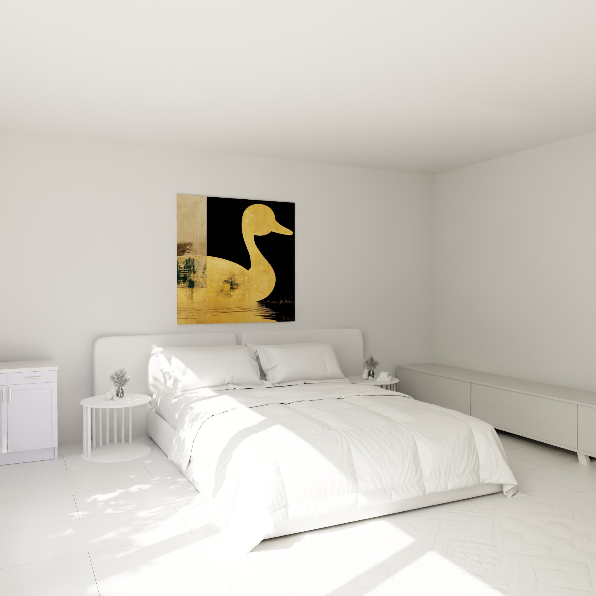 Silhouette dorée du canard sur noir profond, accrochée au-dessus d'un lit dans une chambre claire