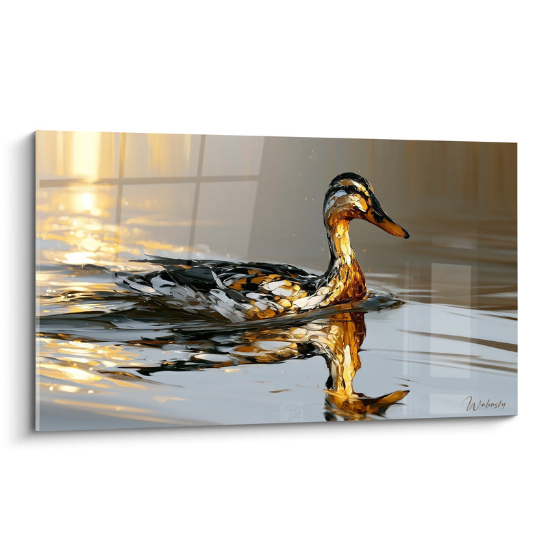 Tableau Canard doré nageant sur eau argentée - Éveil doré sur l'eau - Edition Canard