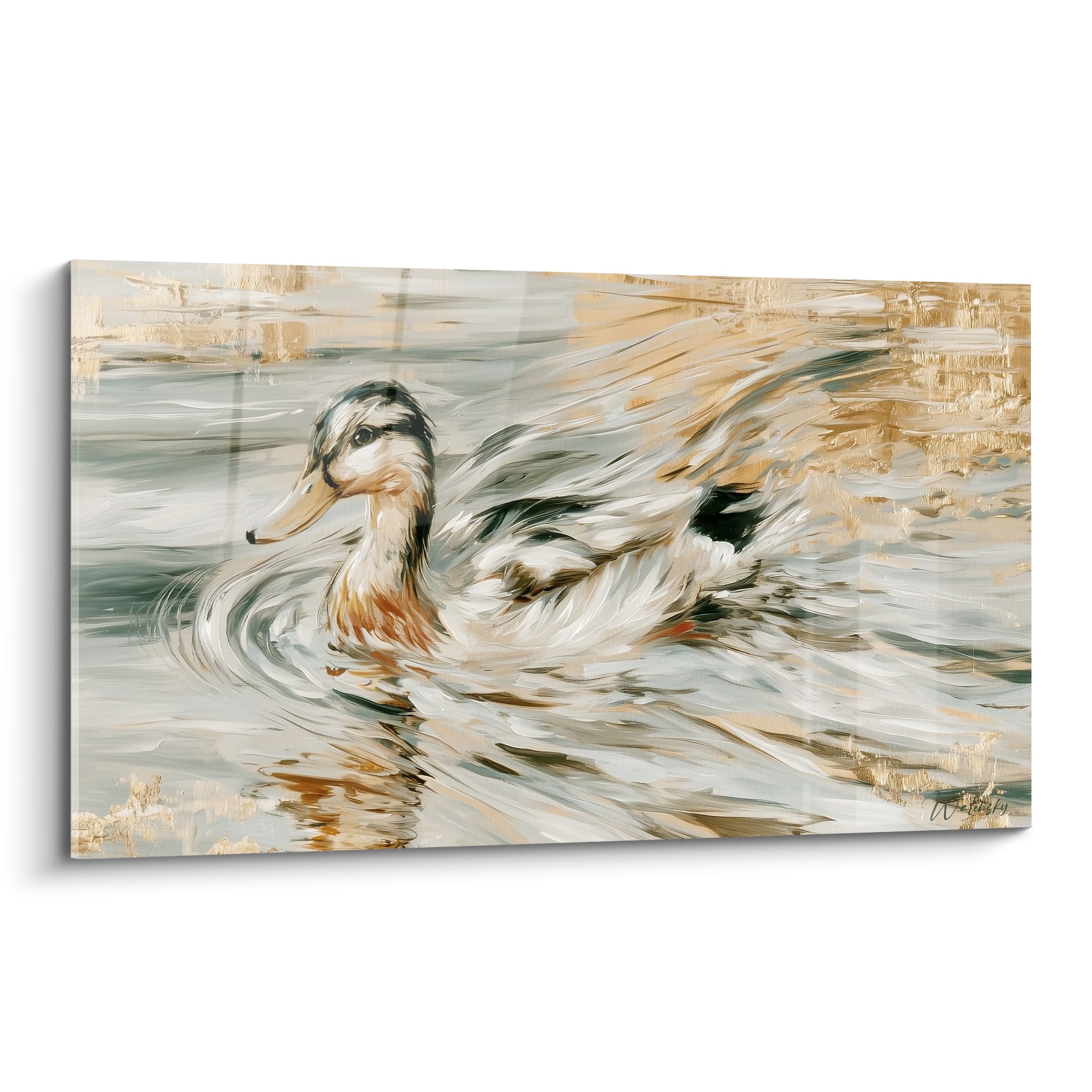 Canard au plumage anthracite et ocre nageant sur une eau argentée et dorée