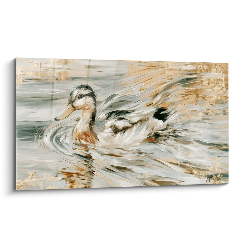 Tableau Canard beige et gris au sillage doré - Rides concentriques à la surface - Edition Canard