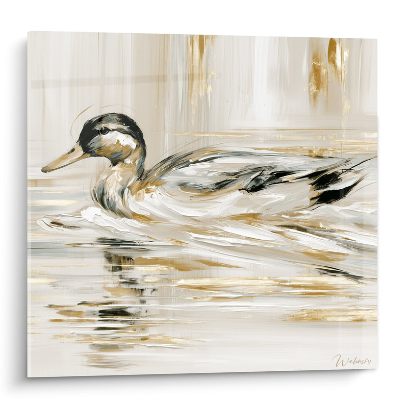 Tableau Canard nageant à touches dorées et noires - Glisse dorée - Edition Canard