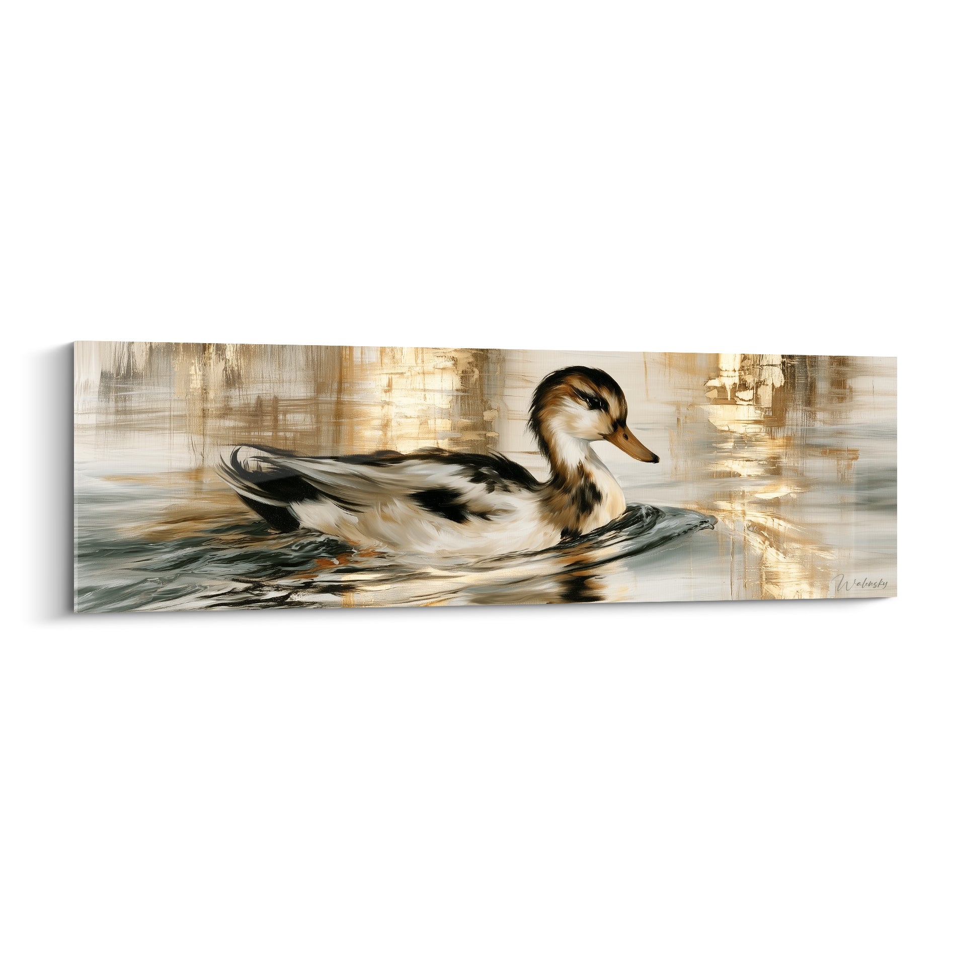 Canard brun et blanc nageant sur une eau grise aux reflets dorés éclatants