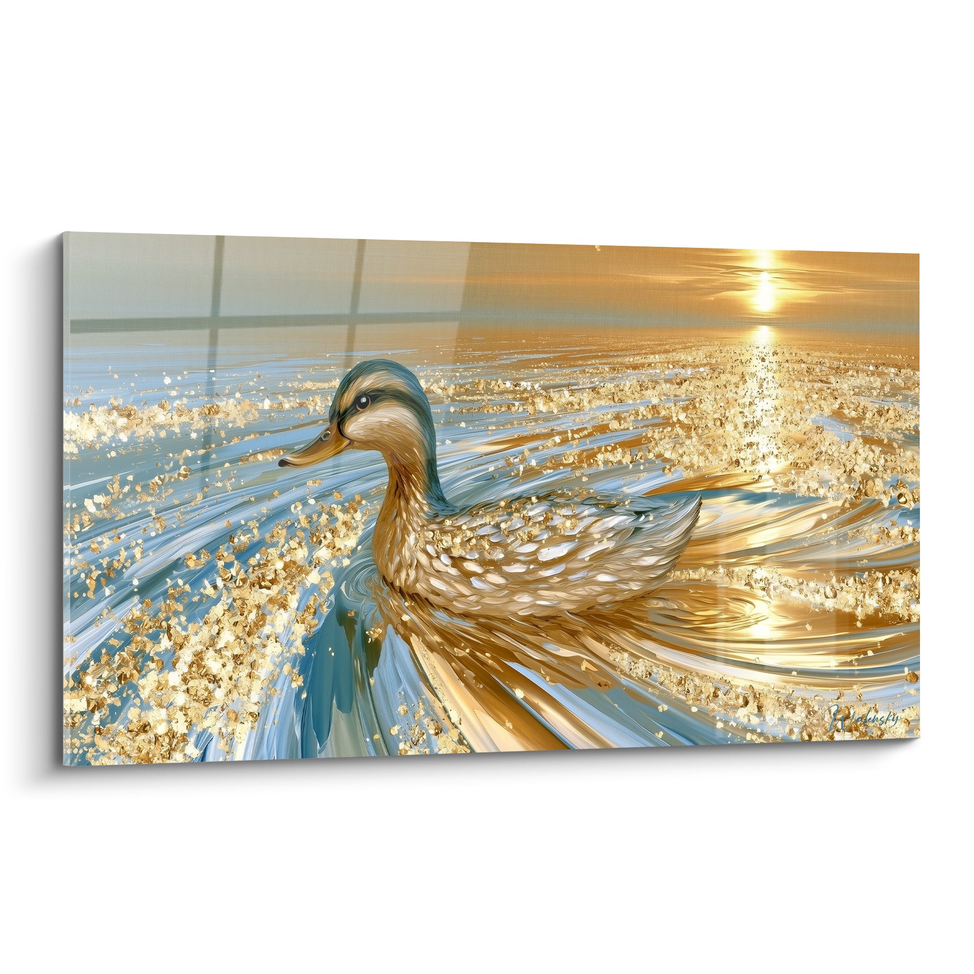 Canard doré au plumage beige nageant sur une eau bleu pastel scintillante au coucher du soleil