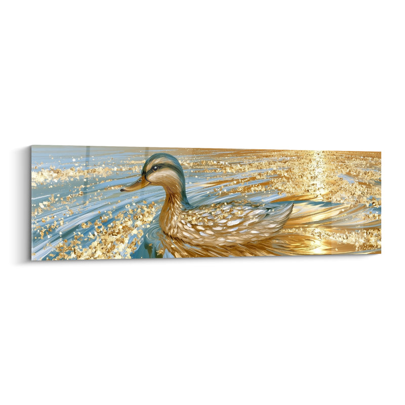 Tableau Canard doré et bleu pâle sillage étincelant - Éclat solaire sur l'eau - Edition Canard