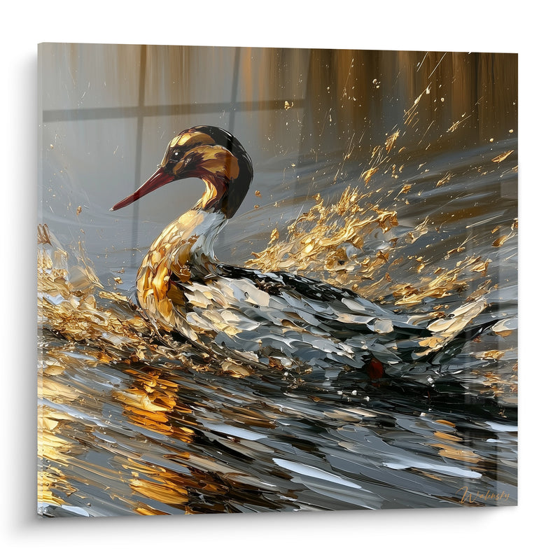 Tableau Canard doré sur eau anthracite éclaboussée - Éclaboussure lumineuse - Edition Canard