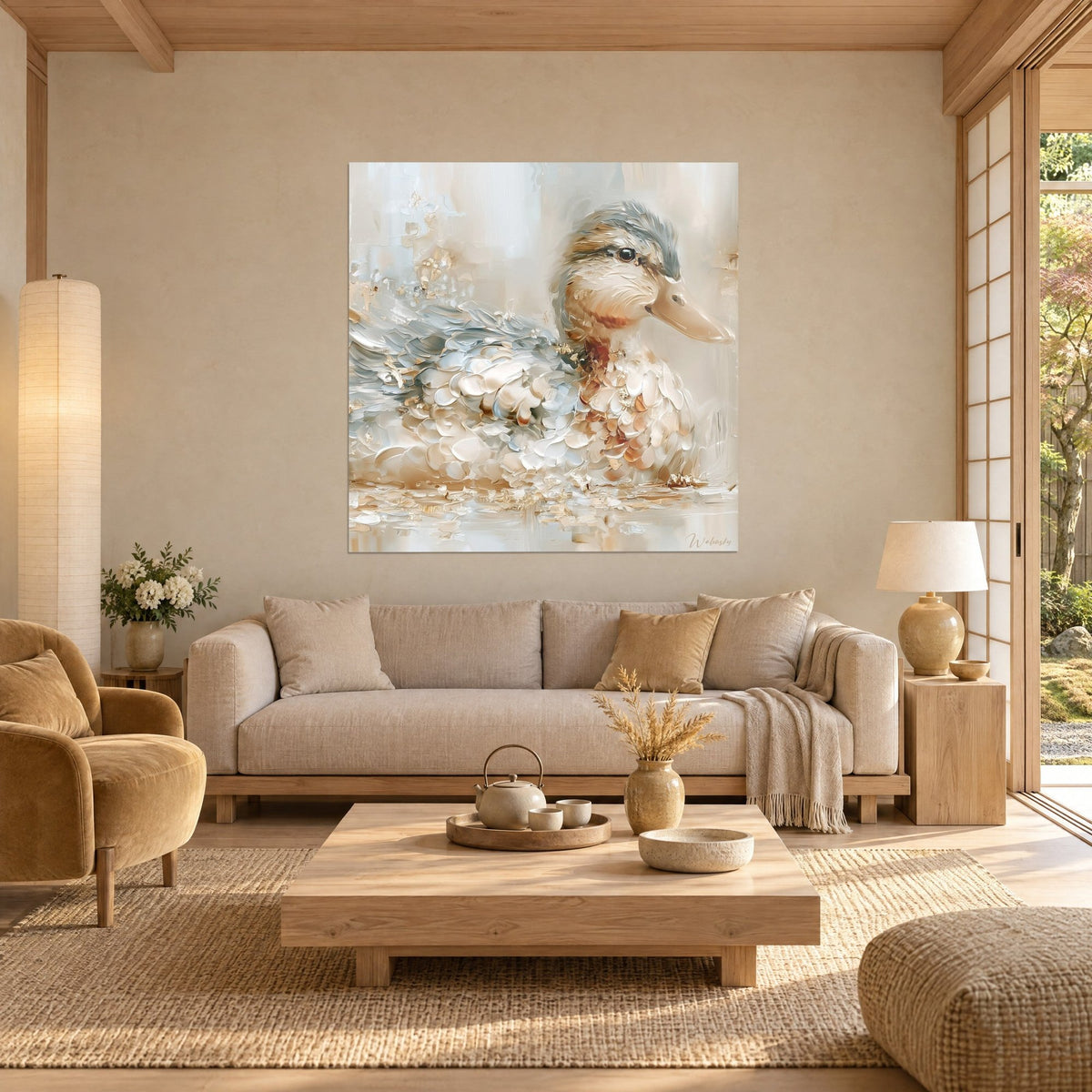 Tableau canard aux plumes beige et bleu-gris en empâtements, bec rosé, au-dessus d'un canapé dans un salon lumineux