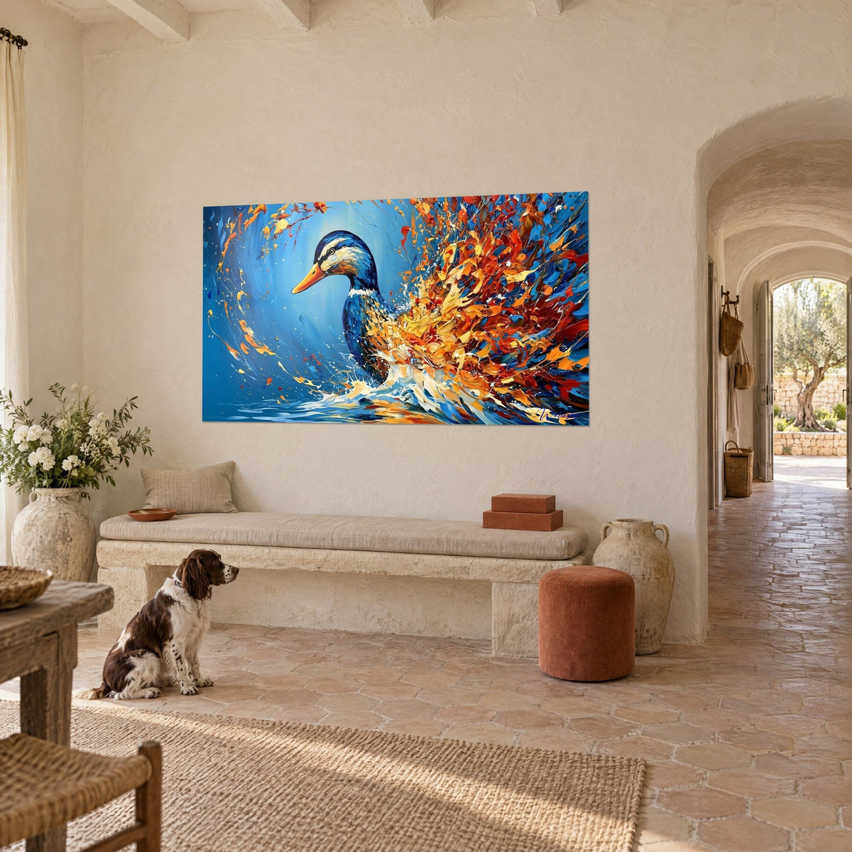 Tableau oiseau aquatique au bec orangé et crête azur, éclaboussures safran, accroché dans un mas provençal, spaniel assis