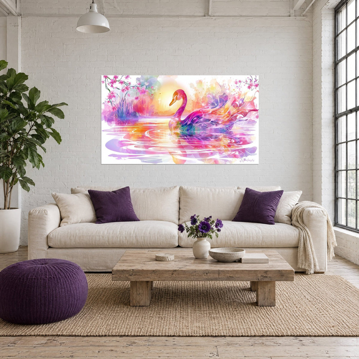 Tableau cygne rose et violet glissant sur un étang d'or et de corail, fleurs de cerisier en coin, au-dessus d'un canapé dans un salon lumineux