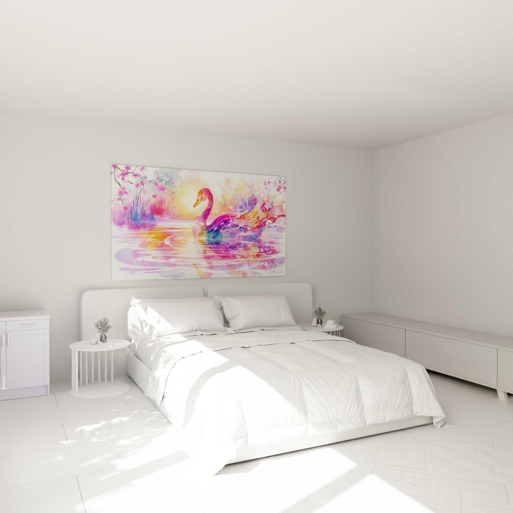 Silhouette de cygne aux teintes violettes et orangées, accrochée au-dessus d'un lit dans une chambre claire