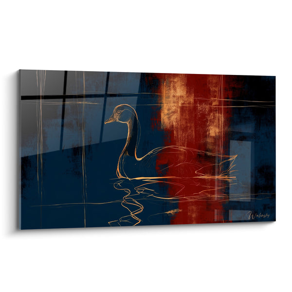 Drawing Swan with Gold Line on Blue and Red Background - Filament Silhouette with Graceful Neck - Canard Edition