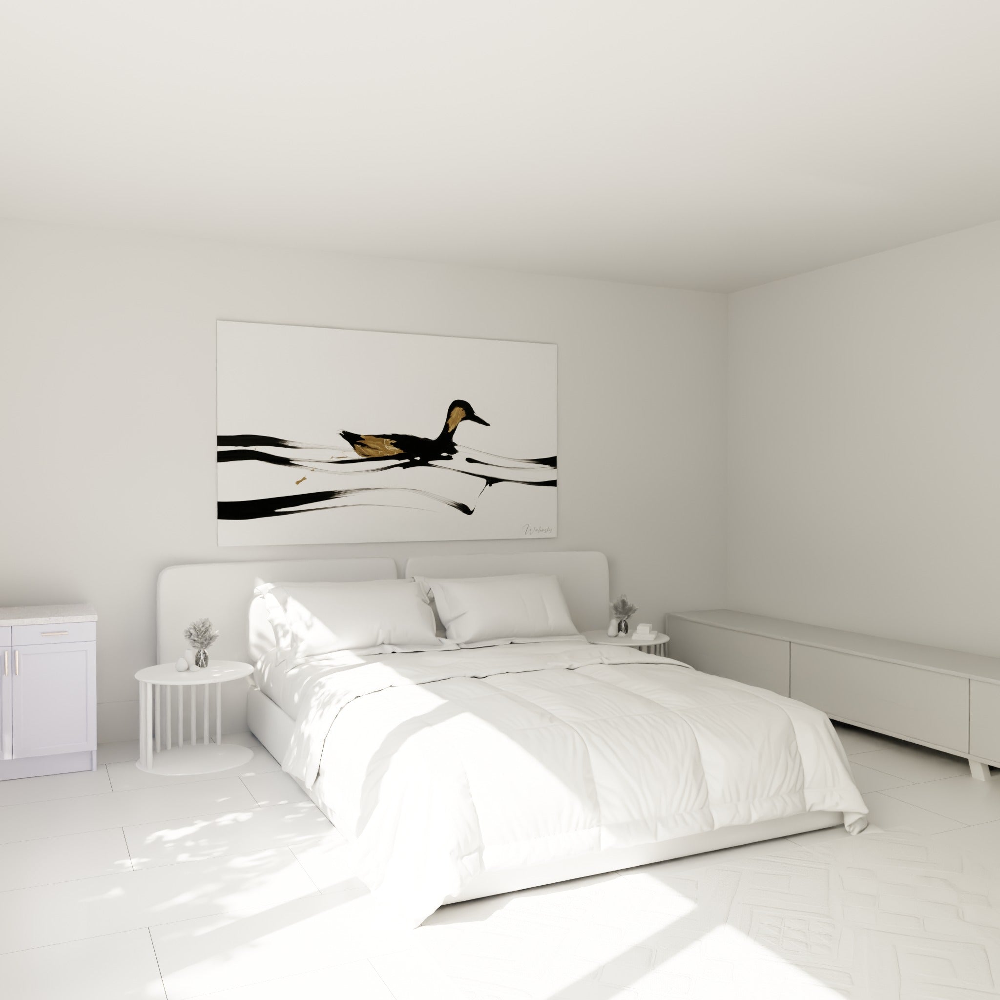 Silhouette de canard noir et doré en glissement fluide, accrochée au-dessus d'un lit dans une chambre claire