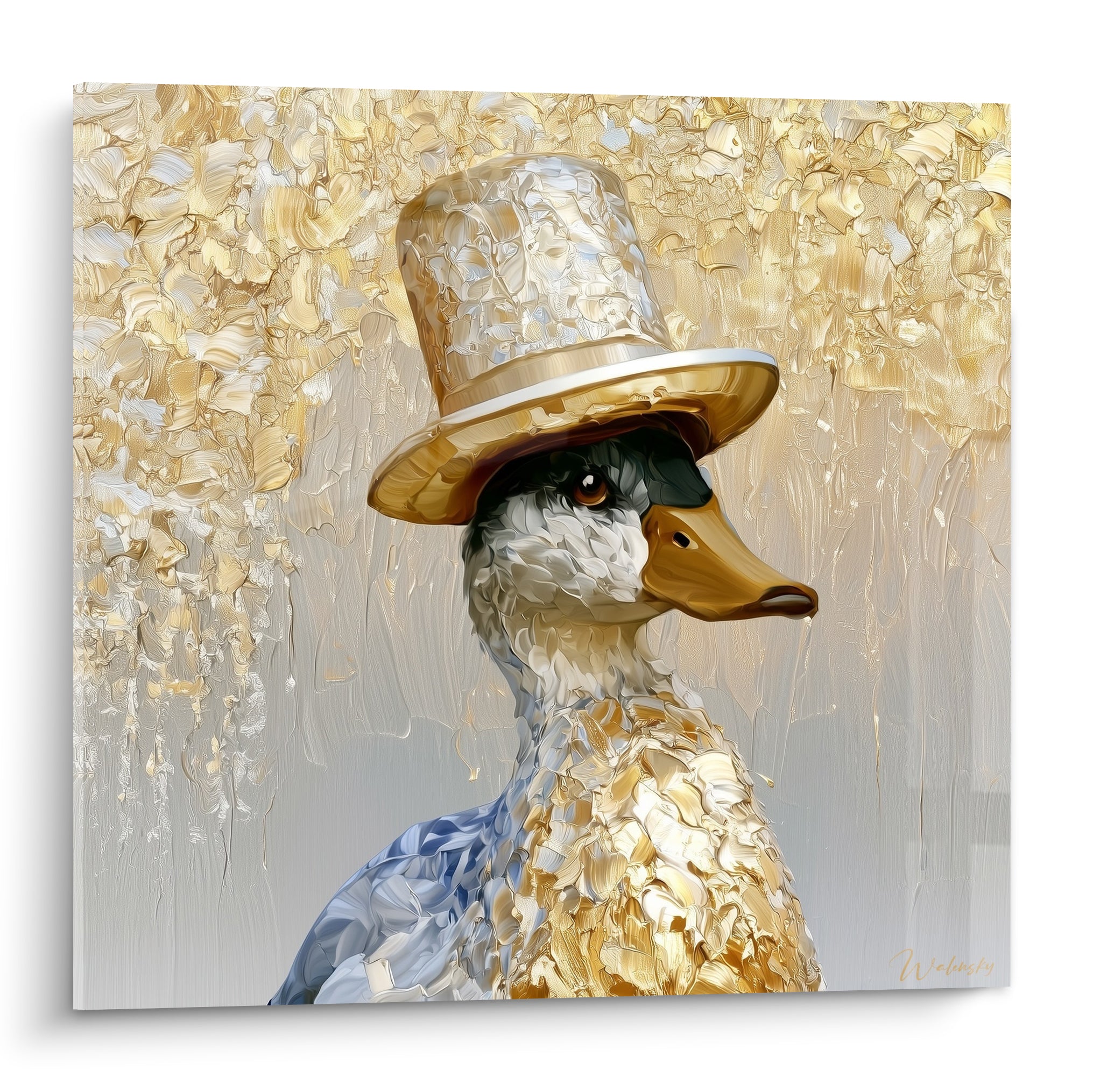 Canard doré coiffé d'un haut-de-forme argenté, plumage texturé, fond doré et crème