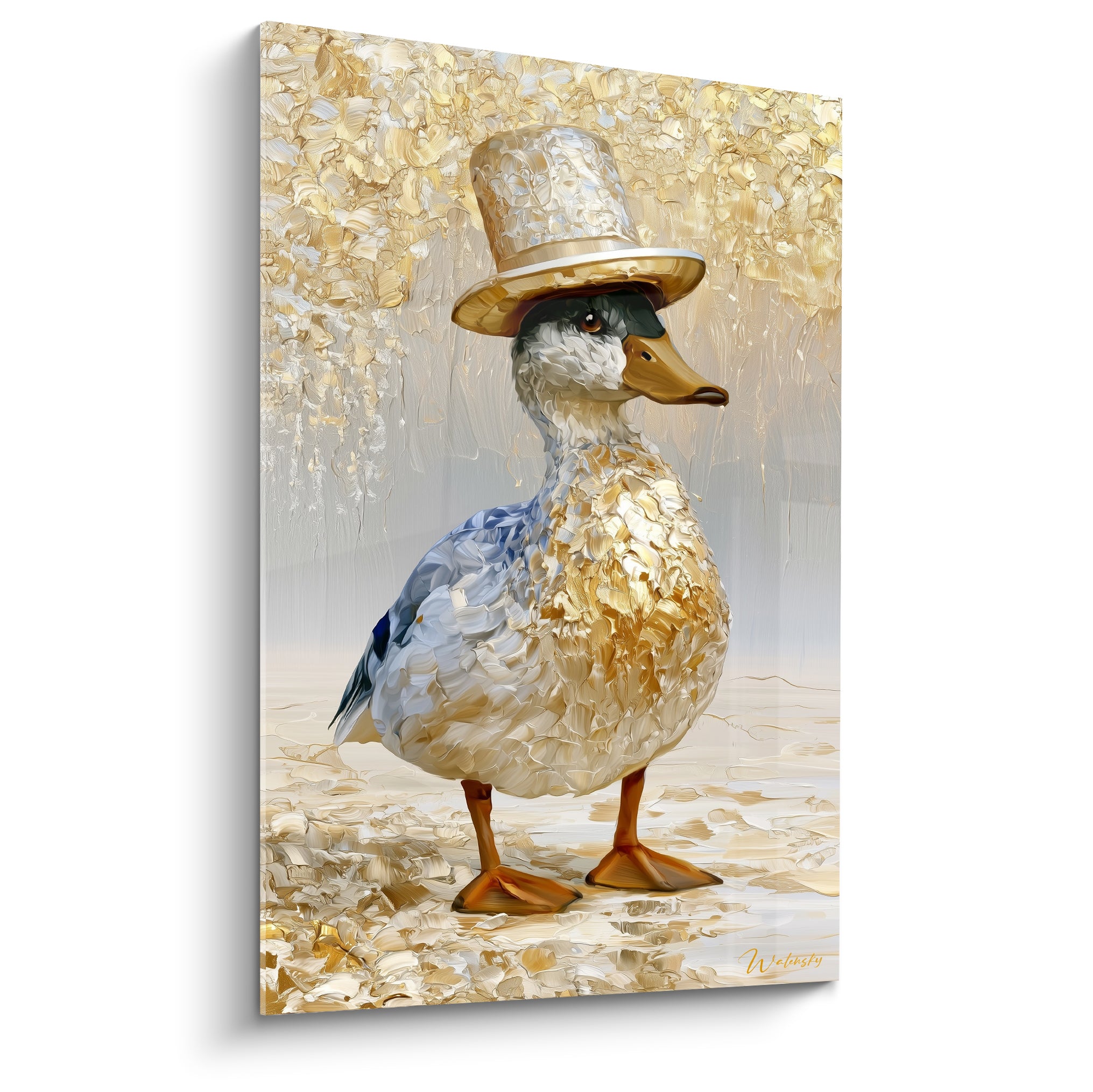 Canard doré coiffé d'un haut-de-forme, plumage blanc et bleu marine peint en empâtements épais