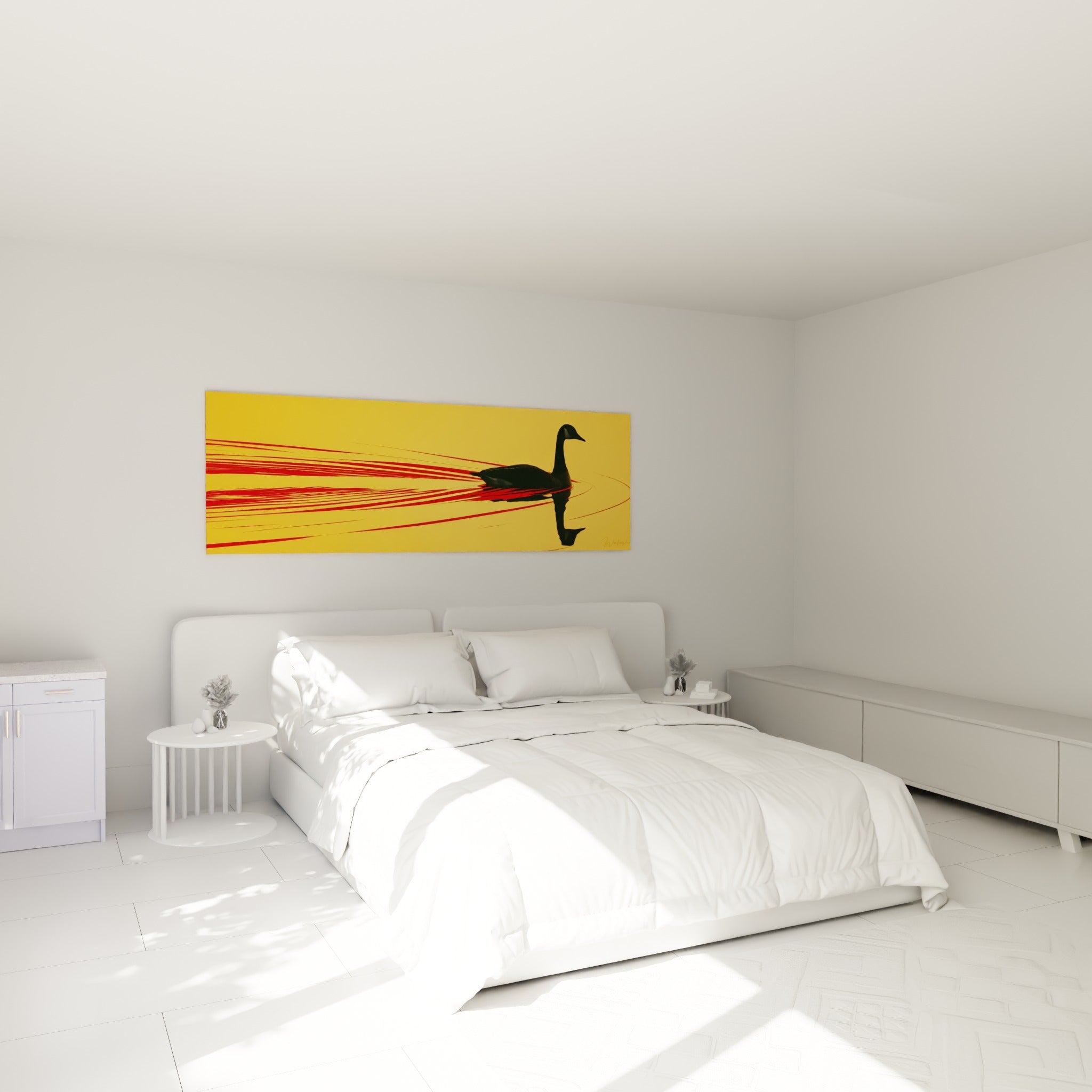 Silhouette noire d'un canard sur fond jaune doré et rouge, au-dessus d'un lit dans une chambre claire