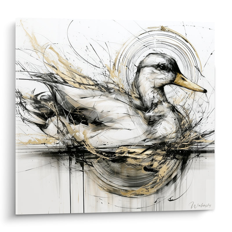Tableau Canard doré sur fond blanc éclaté - Glissade sur l'onde - Edition Canard