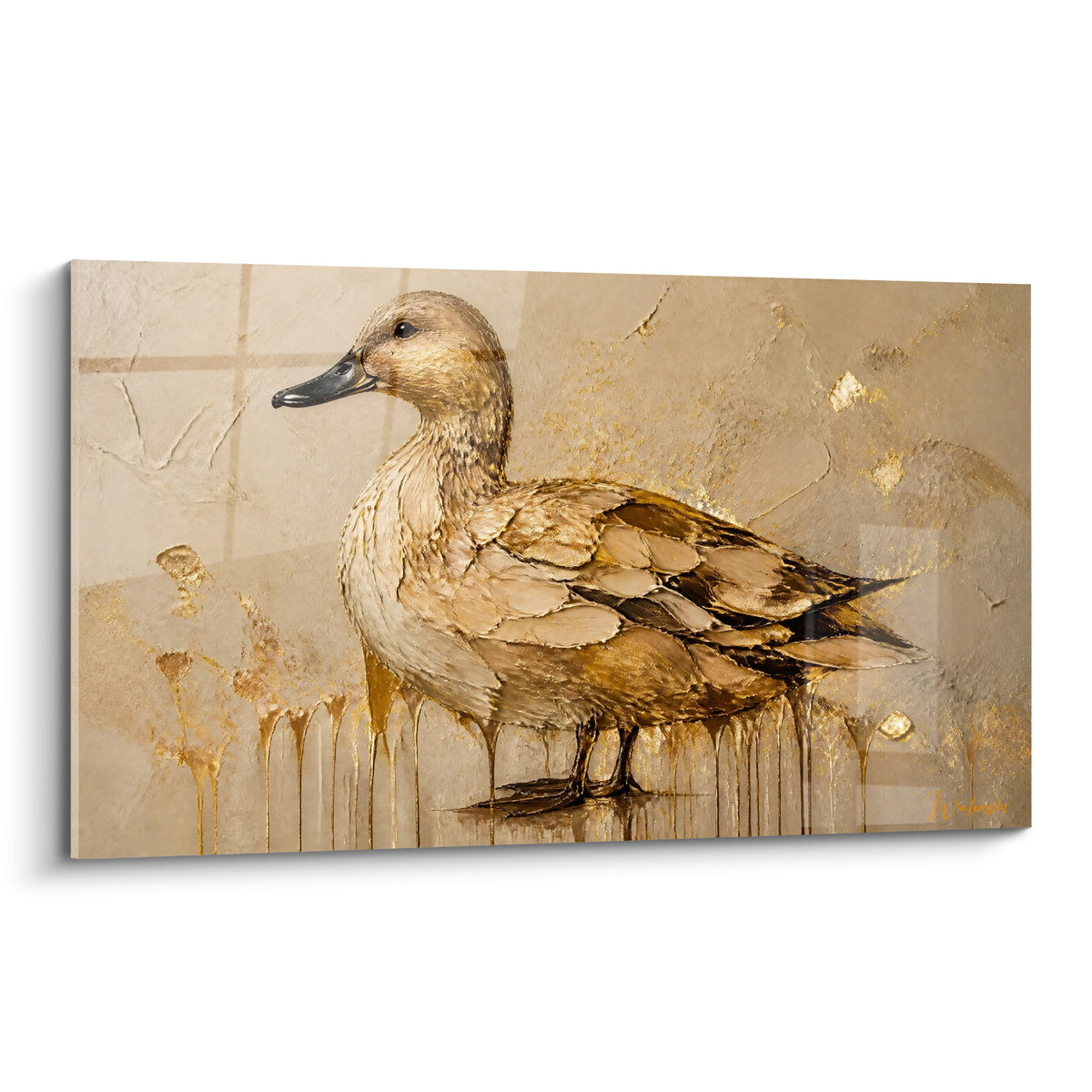Canard doré et beige au plumage texturé, coulures dorées, fond craquelé sur toile