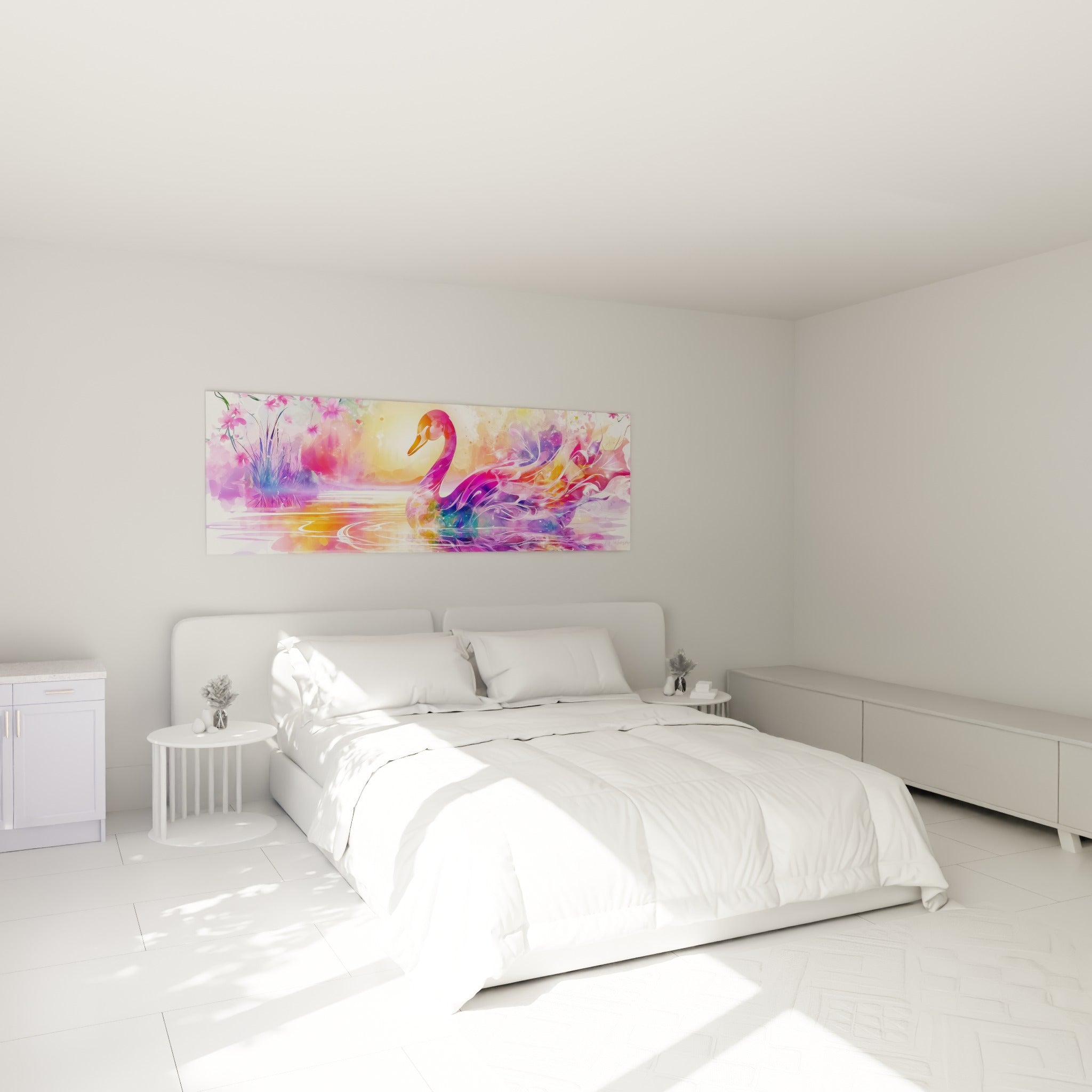 Oiseau rose et pourpre aux reflets scintillants, accroché au-dessus d'un lit dans une chambre claire
