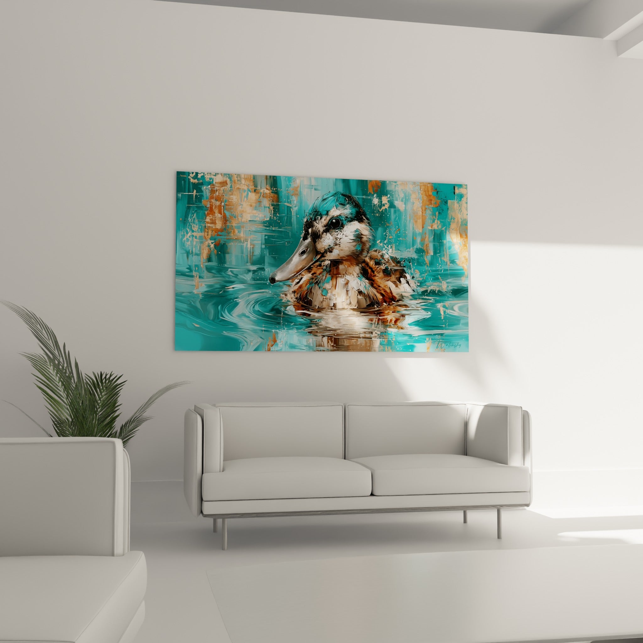 Canard fauve et turquoise sur une eau ondulée, suspendu au-dessus d'un canapé dans un salon lumineux