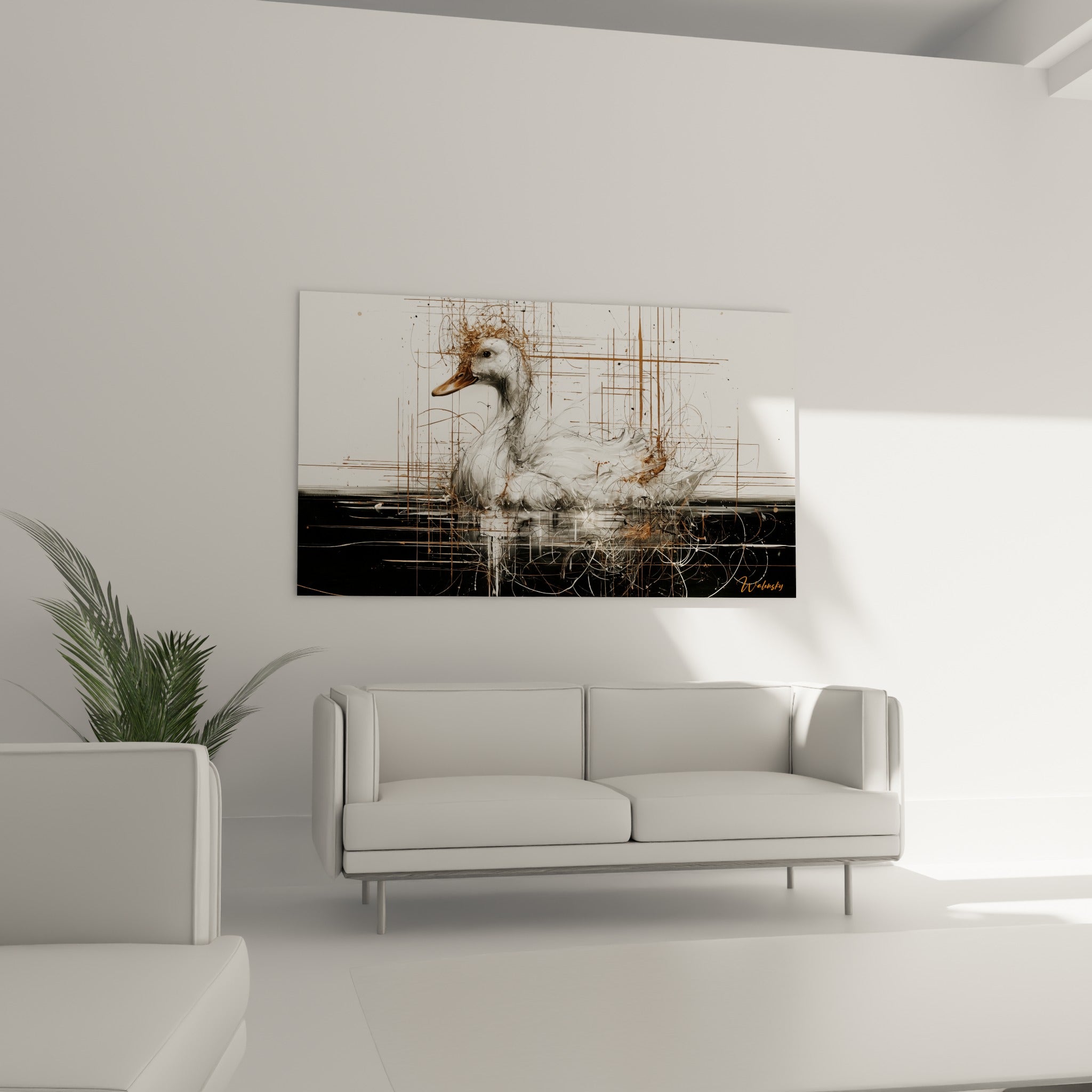 Silhouette de canard blanc et bec orangé, disposée au-dessus d'un canapé dans un salon lumineux