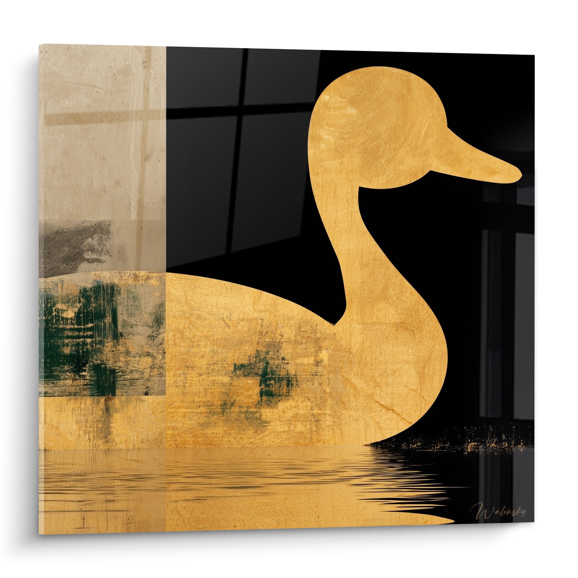 Canard doré silhouette sur fond anthracite structuré, reflet doré évoquant une eau sombre nocturne