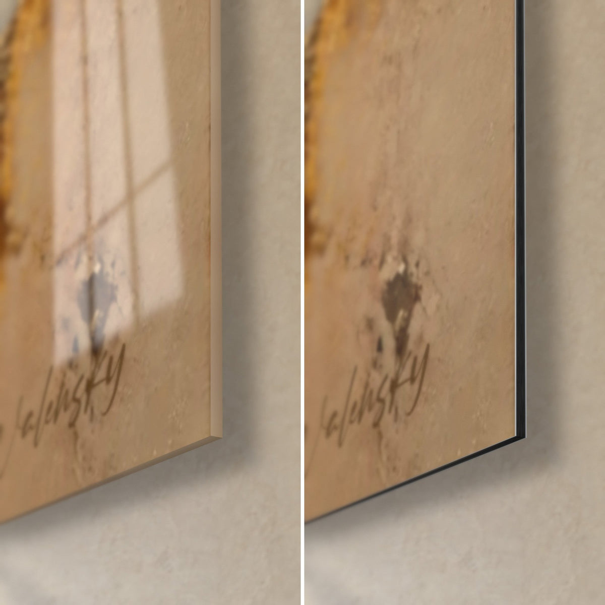 Schilderij gouden wilde eend, rechtsonder: glanzend acrylglas met reflecties en mat beige Dibond-aluminium, 3 mm rand zichtbaar