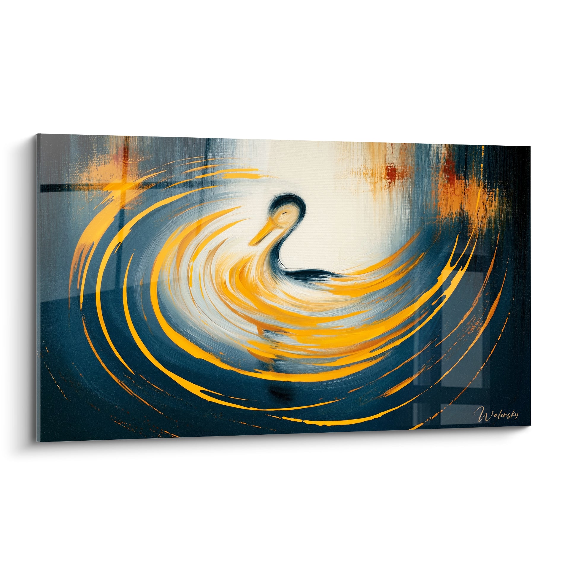 Canard doré émergeant d'un tourbillon bleu marine et ocre aux traits expressifs et fluides