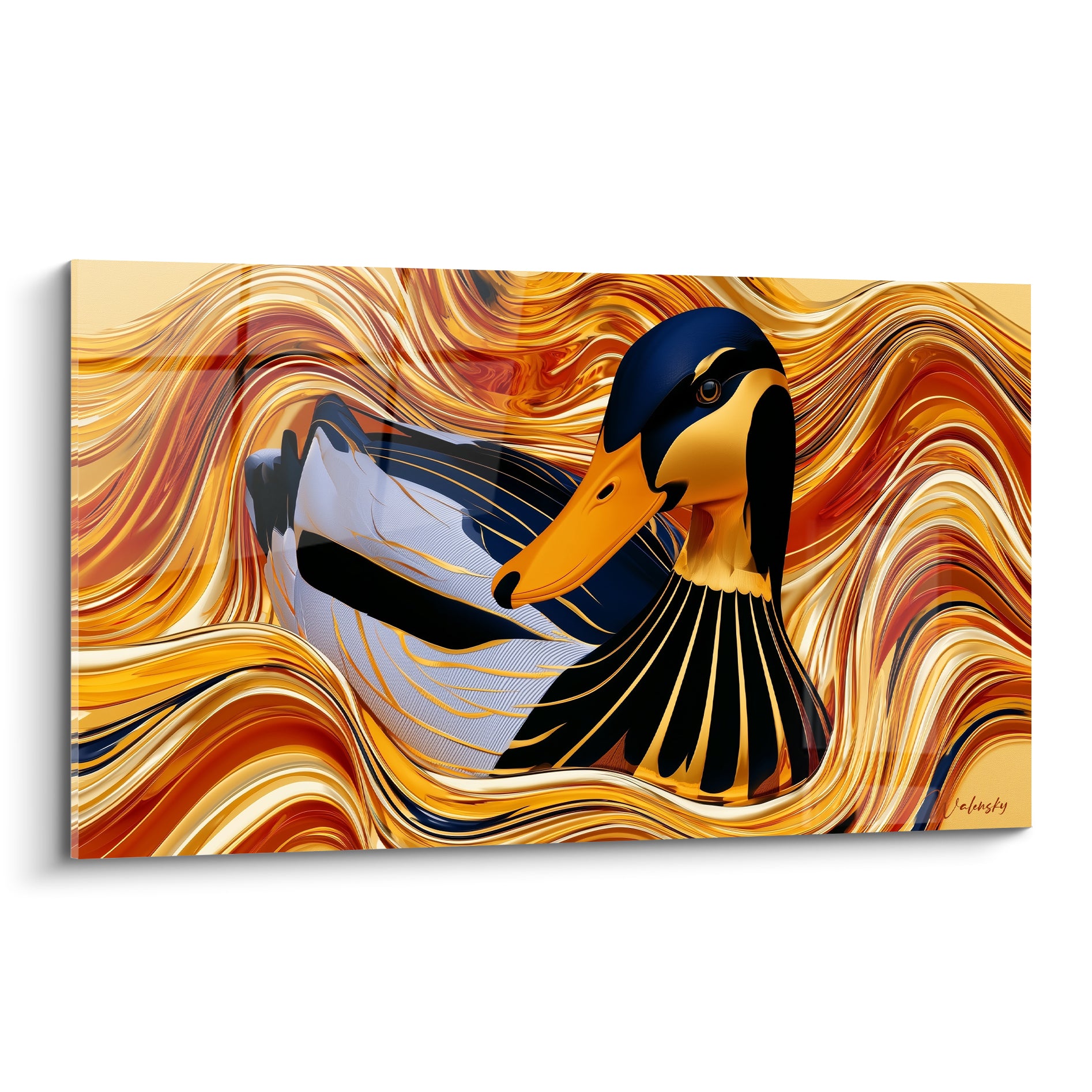 Canard doré et anthracite au bec profilé, entouré de vagues dorées ondulantes en spirale.