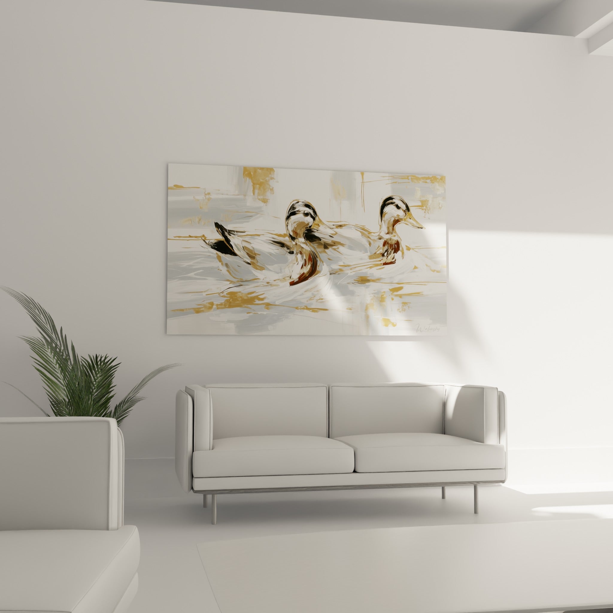Canards blancs et dorés en pleine glisse aquatique, au-dessus d'un canapé dans un salon lumineux