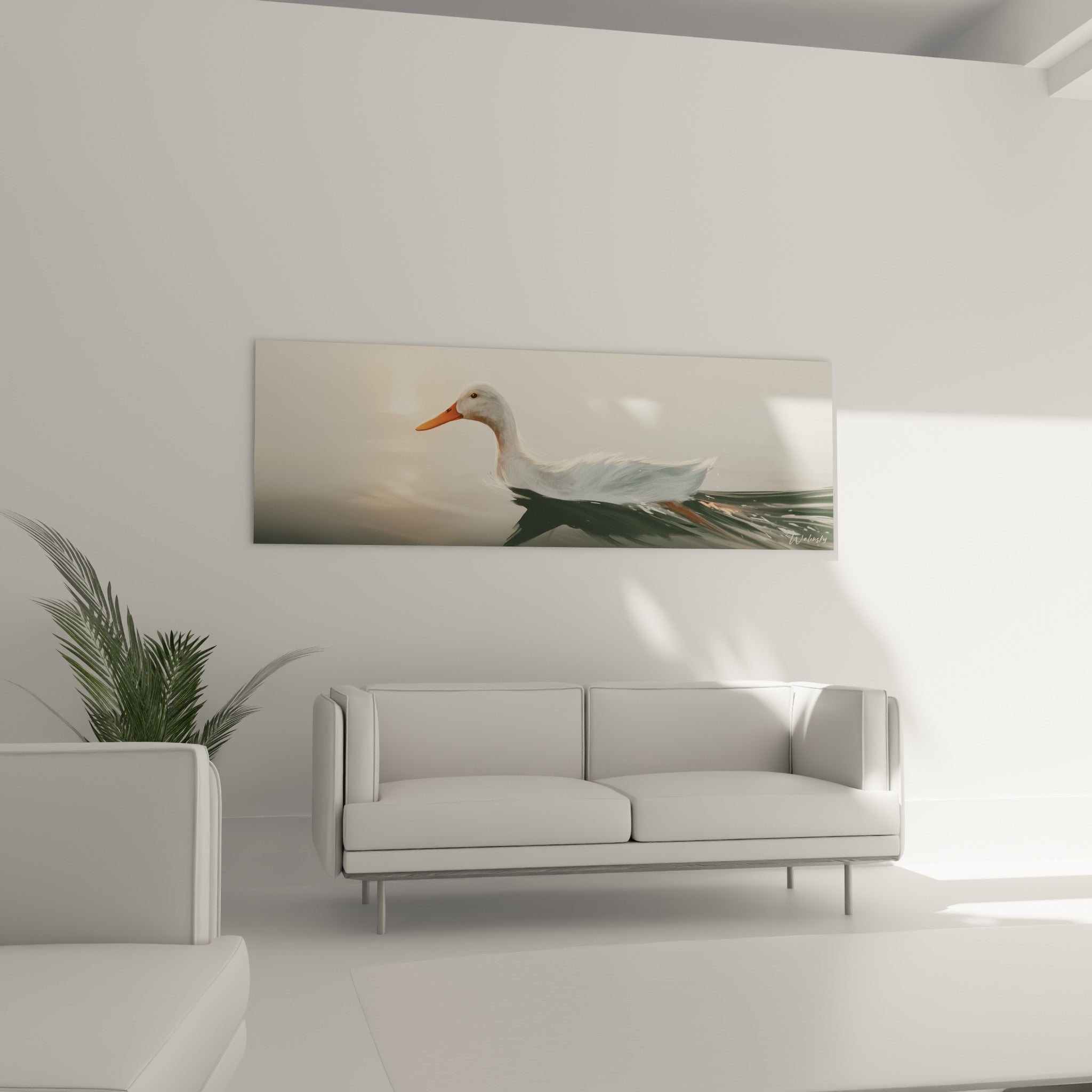 Canard blanc glissant sur une eau sombre teintée de gris et d'or, au-dessus d'un canapé dans un salon lumineux