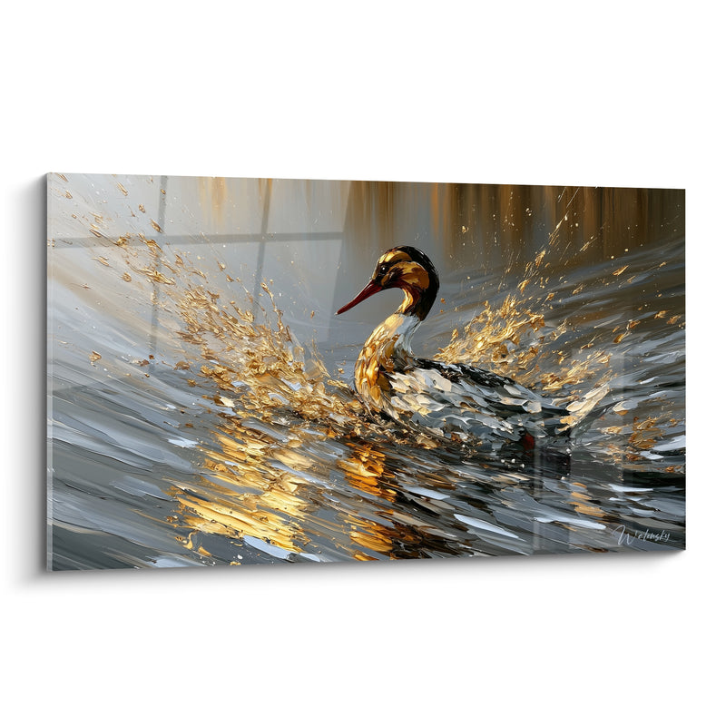 Tableau Harle bec rouge doré et gris projections d'eau - Long cou effilé - Edition Canard