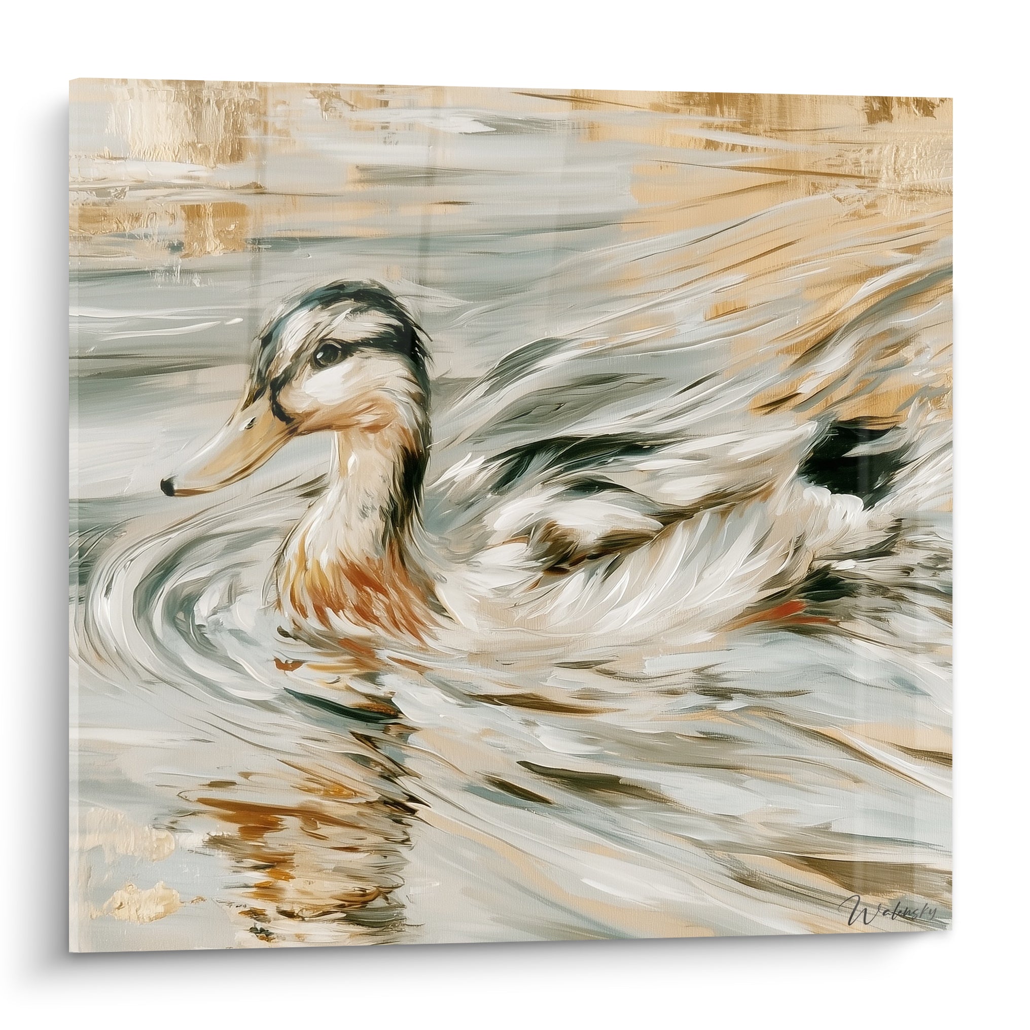 Canard gris et doré nageant, plumage détaillé, eau ondulante en larges touches picturales