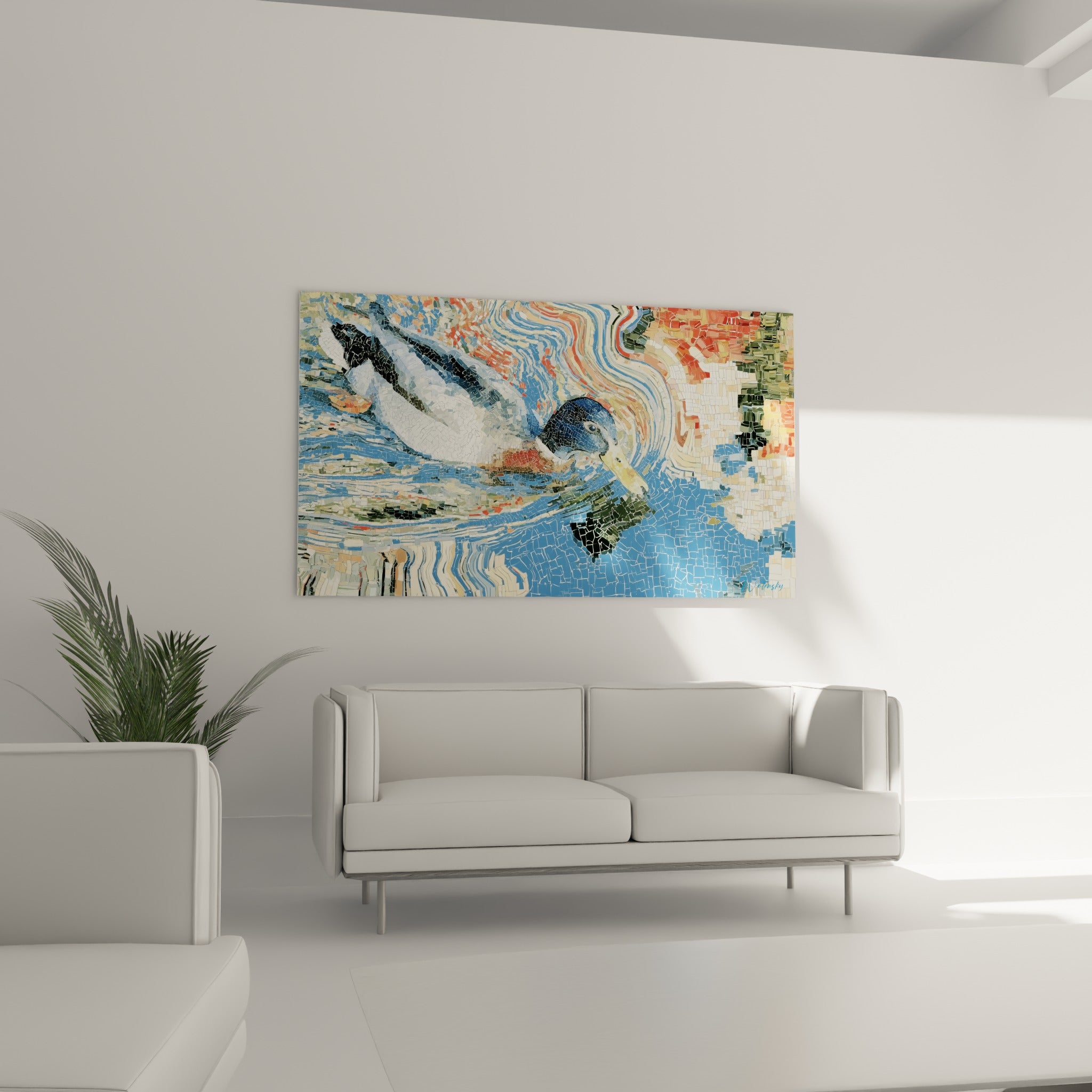Colvert terracotta et bleu marine en pleine nage, au-dessus d'un canapé dans un salon lumineux
