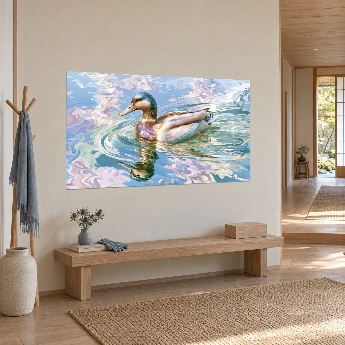 Tableau canard à tête bleu-vert et poitrine mauve nageant dans des remous pastel, avec banc de bois en vue trois-quarts
