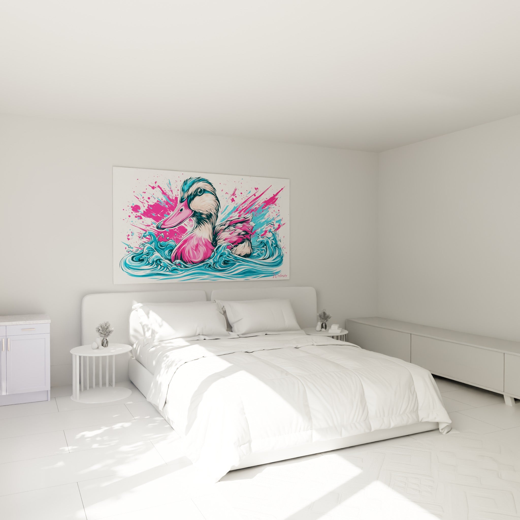 Volatile aux teintes fuchsia et turquoise accroché au-dessus d'un lit dans une chambre claire