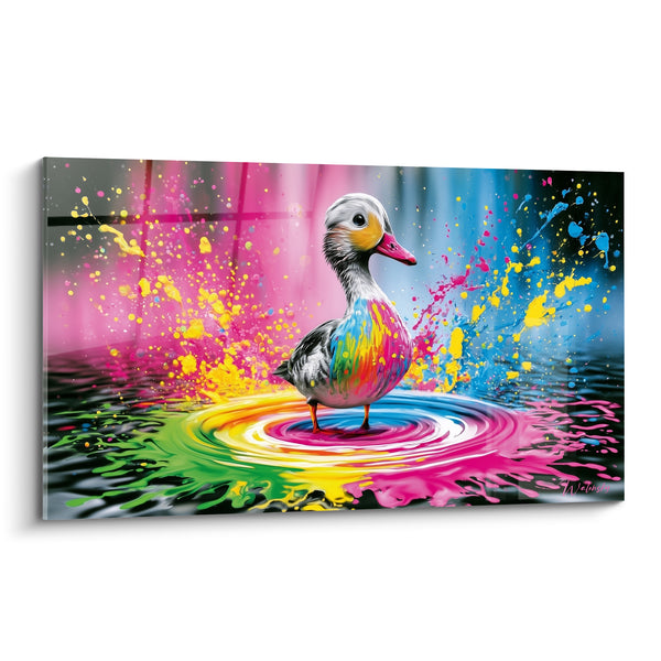 Leinwand Weiße und Rosa Ente auf Regenbogenwelle - Konzentrische Mehrfarbspritzer - Enten-Edition