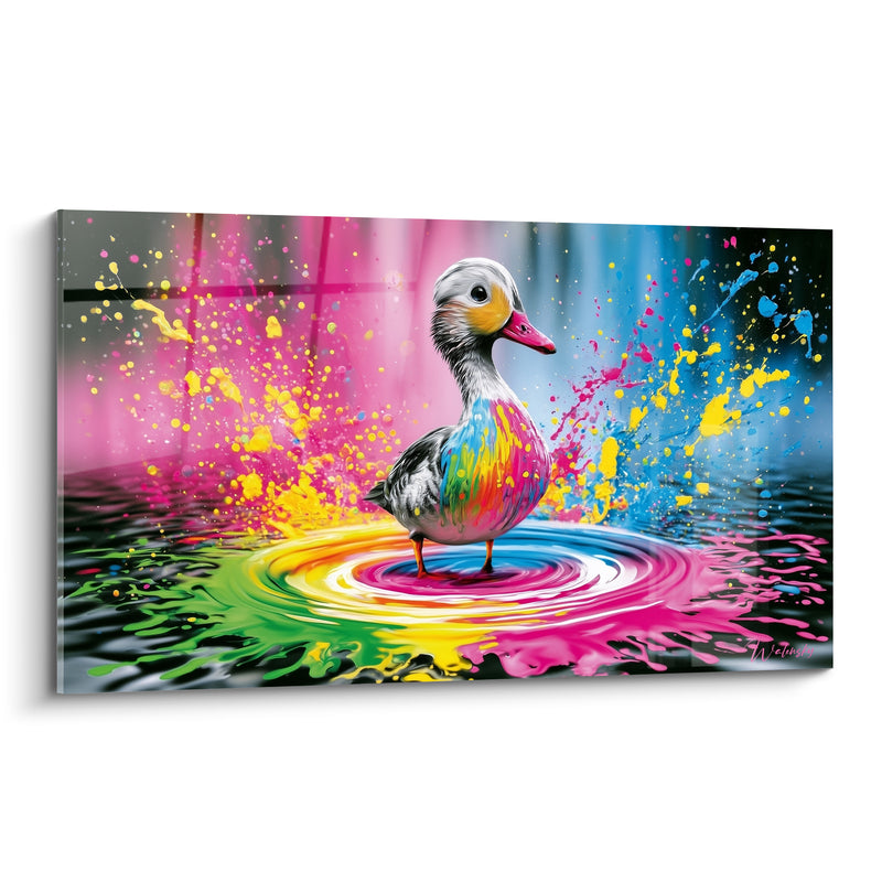 Tableau Canard blanc et rose sur onde arc-en-ciel - Éclaboussures multicolores concentriques - Edition Canard