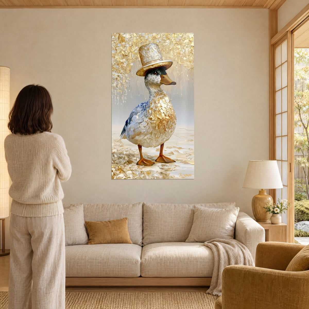 Tableau canard au haut-de-forme argenté, plumage or et bleu pervenche, face à une femme de dos, au-dessus d'un canapé dans un salon lumineux