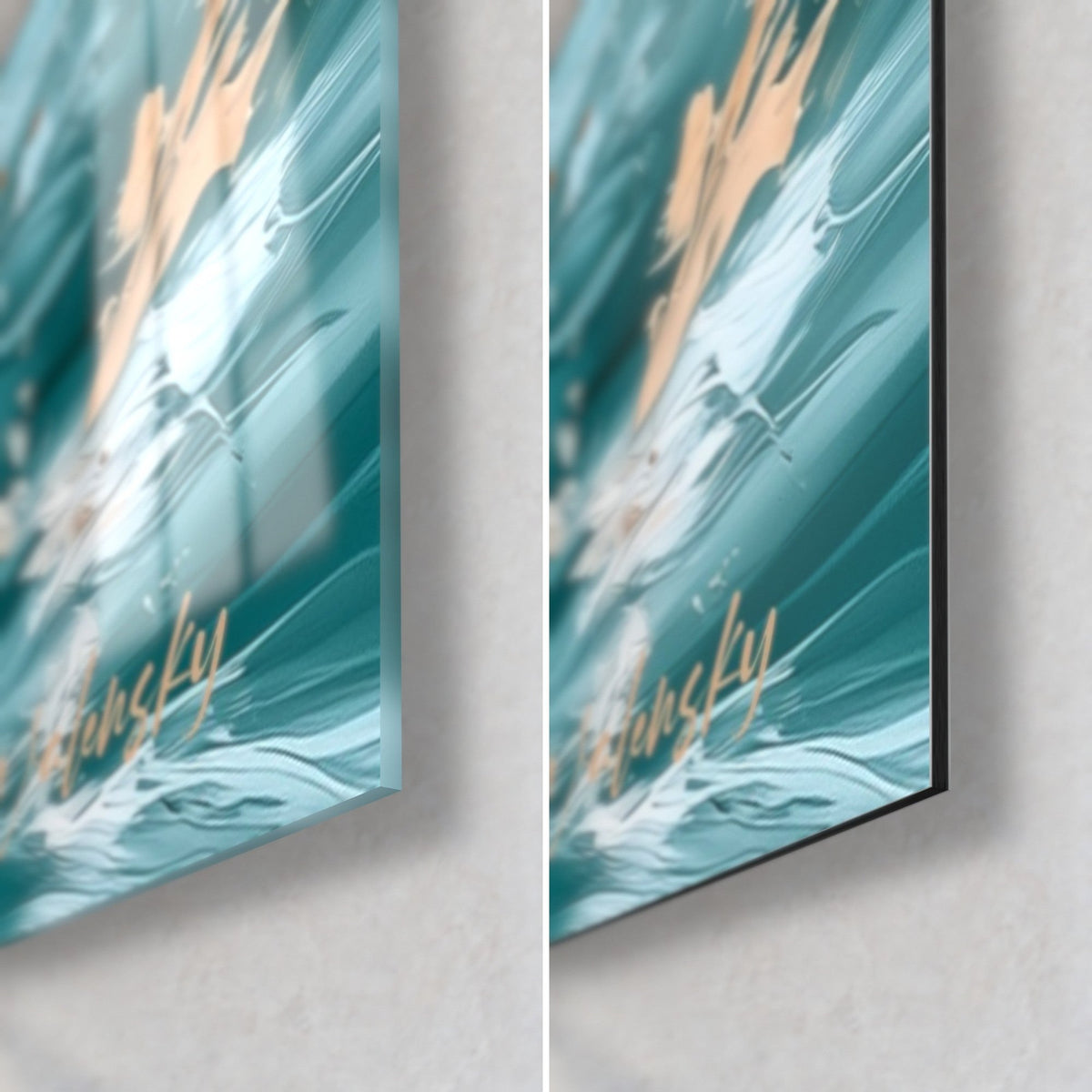 Tableau palmipède aux plumes cuivre et turquoise, coin bas droit en verre brillant et alu Dibond mat, tranche de 3 mm visible