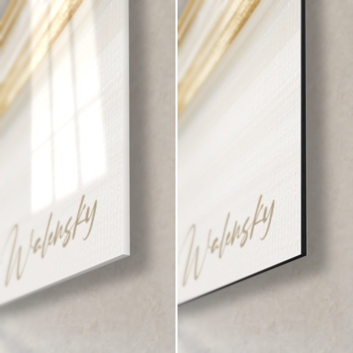 Tableau canard nageant à touches dorées et noires, coin bas droit en verre brillant et alu Dibond blanc mat, tranche de 3 mm