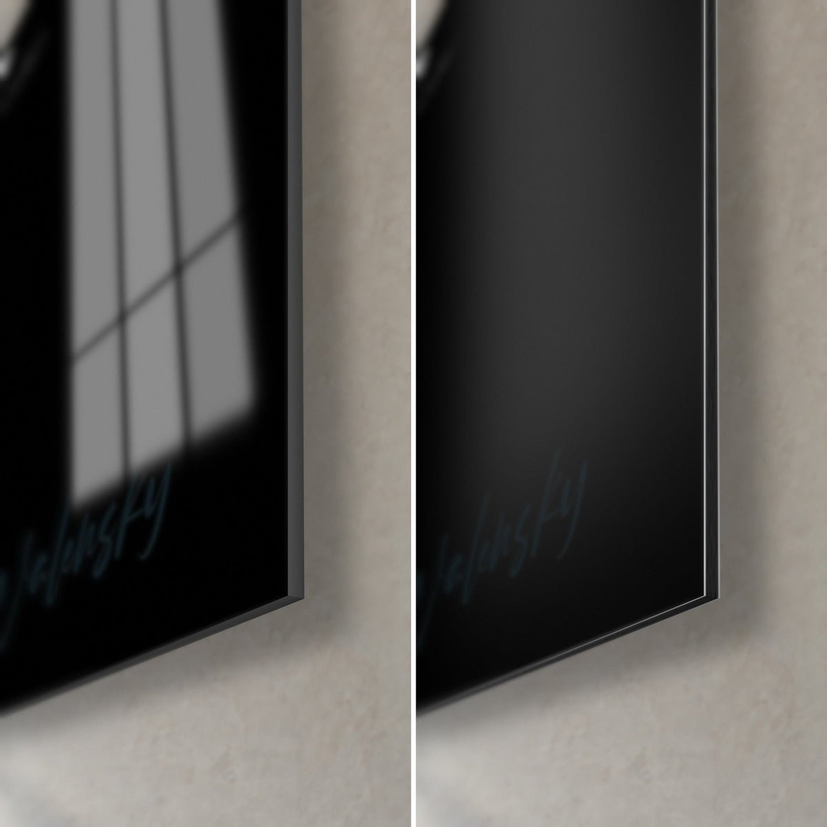 Tableau canard colvert, coin bas droit : verre acrylique brillant reflétant la fenêtre, alu Dibond mat noir, tranche de 3 mm