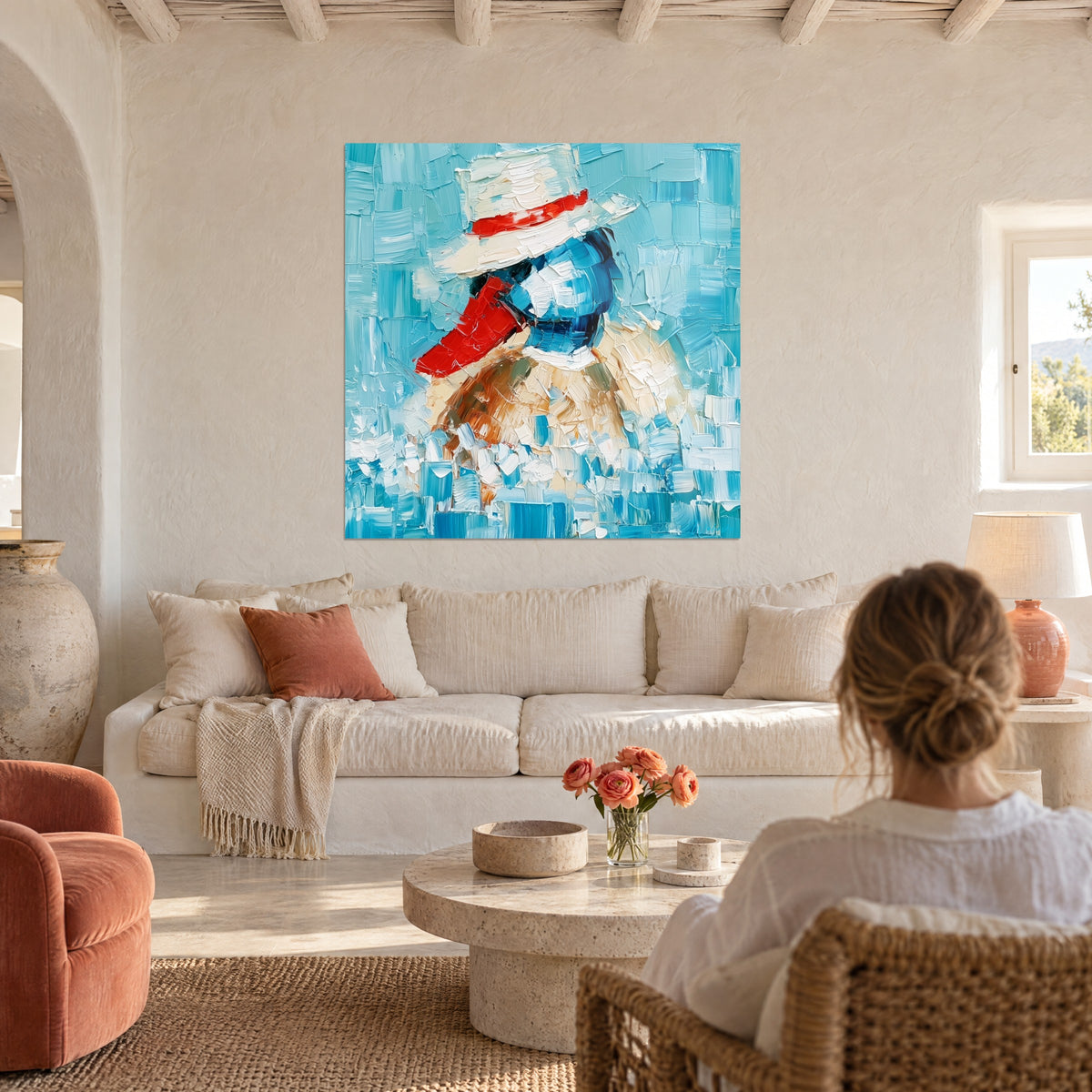 Quadro anatra con cappello di paglia bianco e nastro rosso, becco scarlatto, sfondo turchese, sopra un divano in un soggiorno luminoso